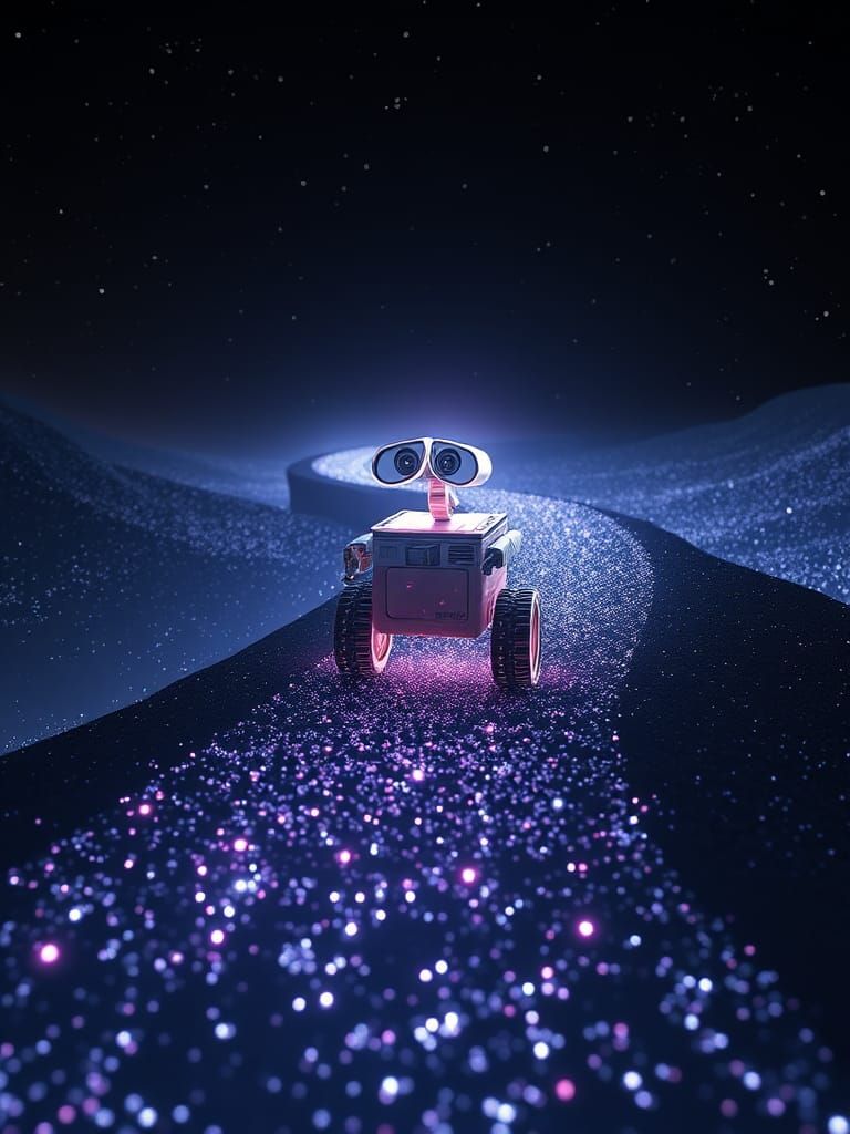 Iridescent Wall-E on Stardust Path in Biocosmic Style