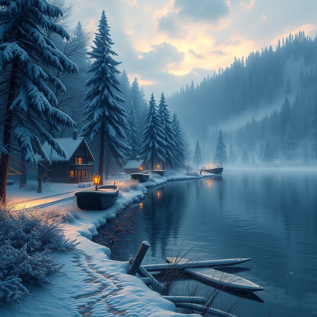A winter scene by the lake with snow-covered trees and houses in the style of Thomas Kinkade