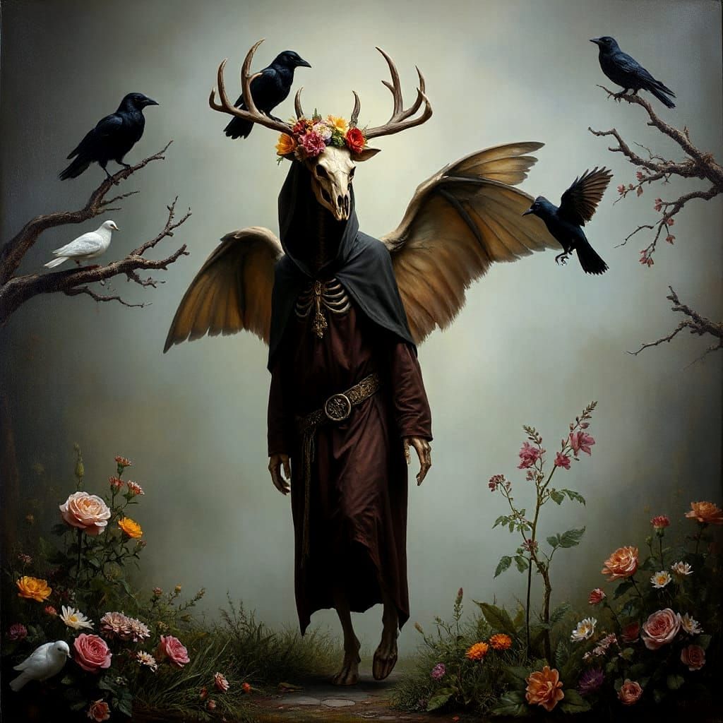 Skeletal Wendigo in Lush Garden, Folk Art Oil Painting