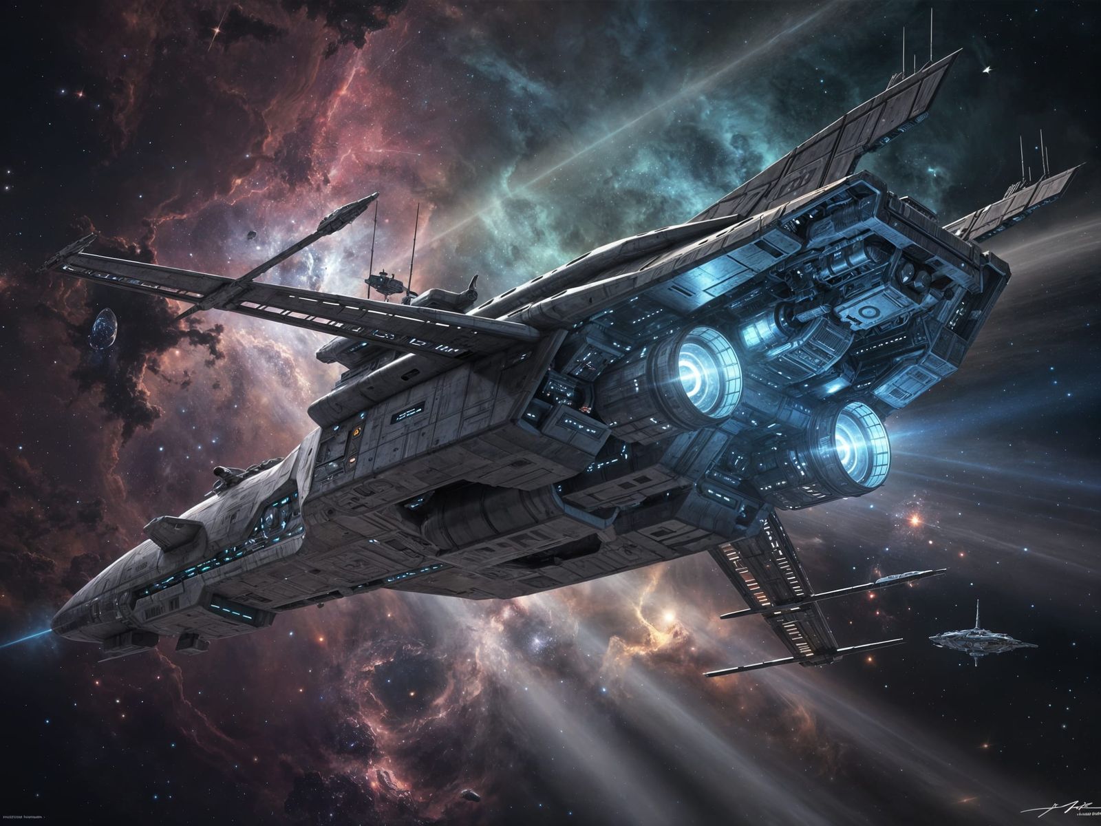 Colossal Starship Navigates Vibrant Nebula in Digital Painti...