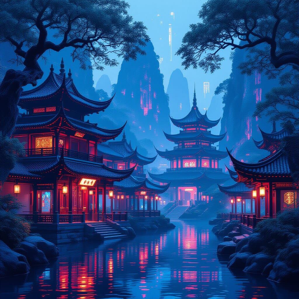 Cyberpunk Temples Amidst Ancient Trees
