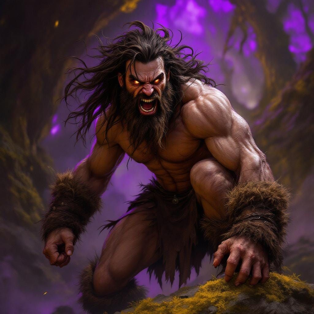 Feral Man in Dark Fantasy Landscape