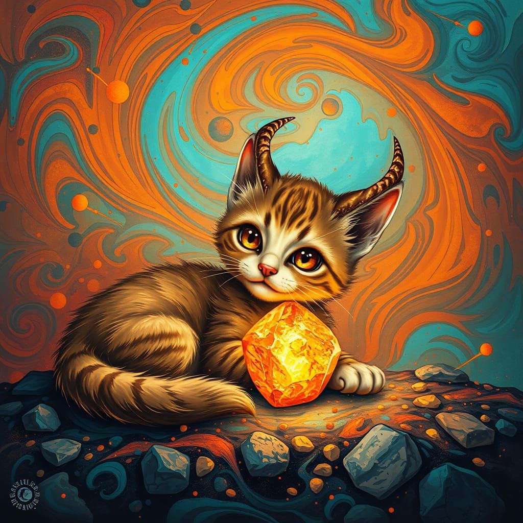 Mystical Horned Cat with Glowing Crystal