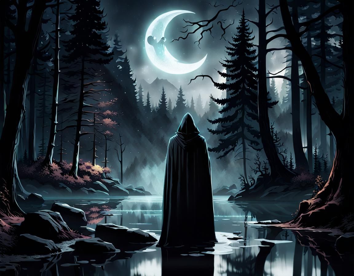 Mystical Crescent Moon Illuminates Forest Concept Art