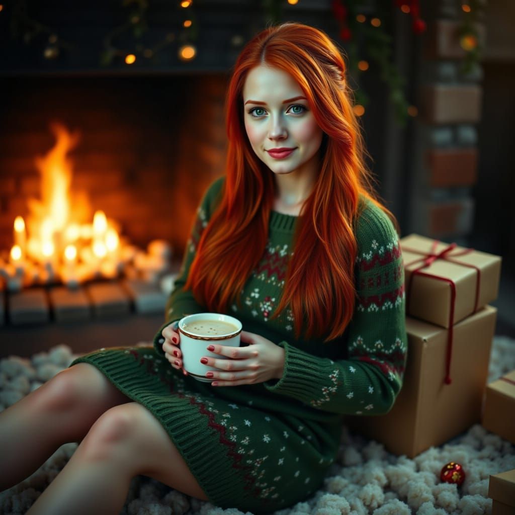 Cosy Ginger Elf by Fireplace with Presents