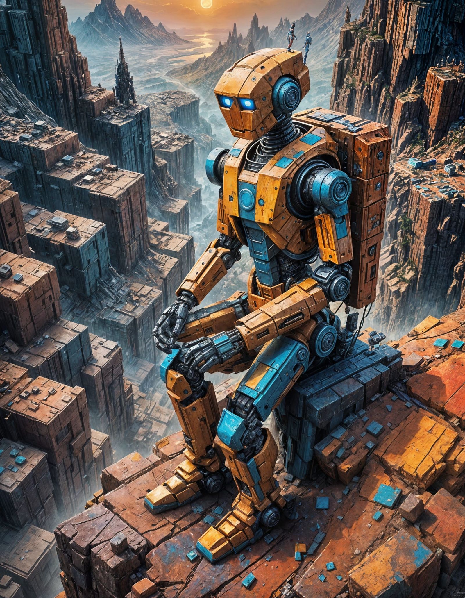 Lonely Robot Gazing into Abyss: Crayon Caricature