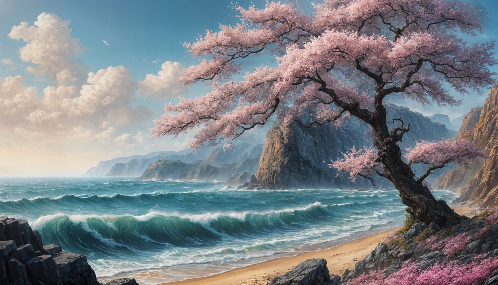 Sakura Tree Overlooking Ocean Cliff in Epic Oil Painting Sty...
