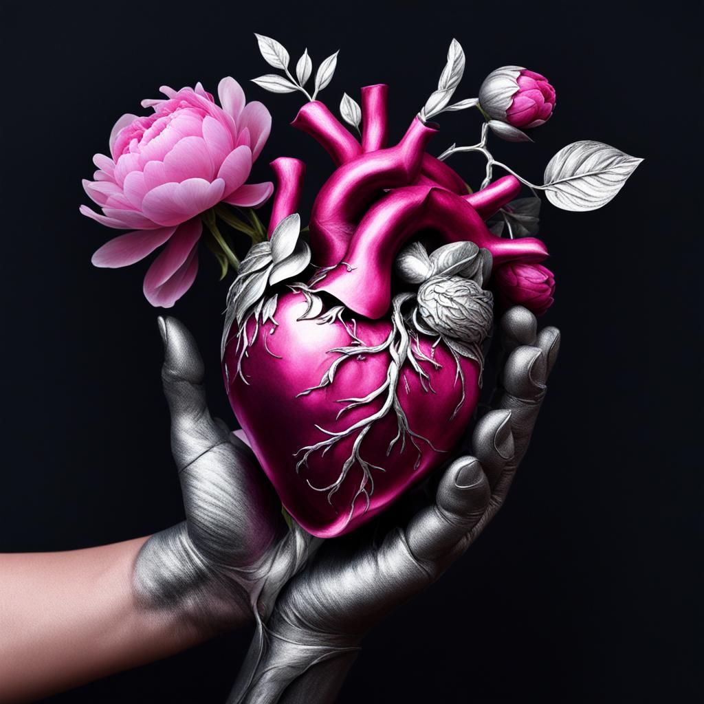 Fuchsia and Silver Human Heart with Floral Vines