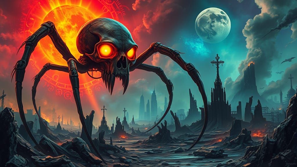 Glowing Arachnid Monstrosity Dominates Post-Apocalyptic Ruin...
