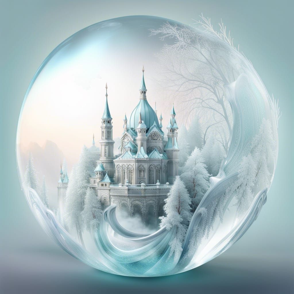 Icy Crystal Palace in Glass Globe, Snowy Landscape