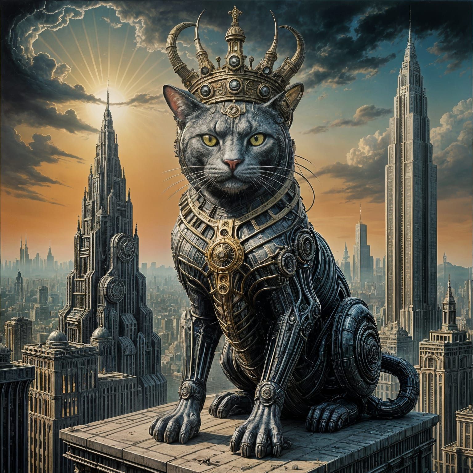 Mechanical Cat King on Art Deco Skyscraper in Surreal Style