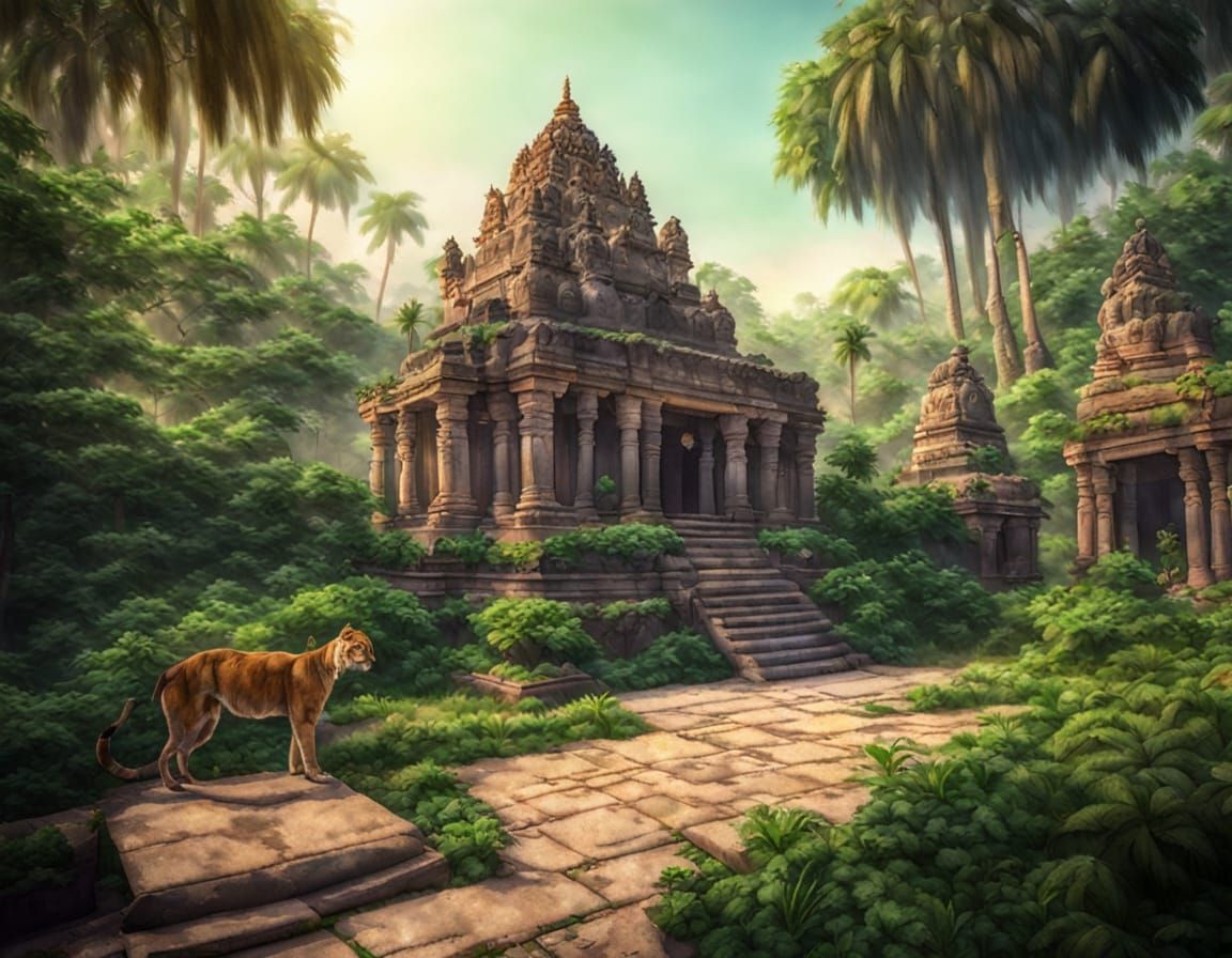 Ancient Indian Temple in Jungle with Cats