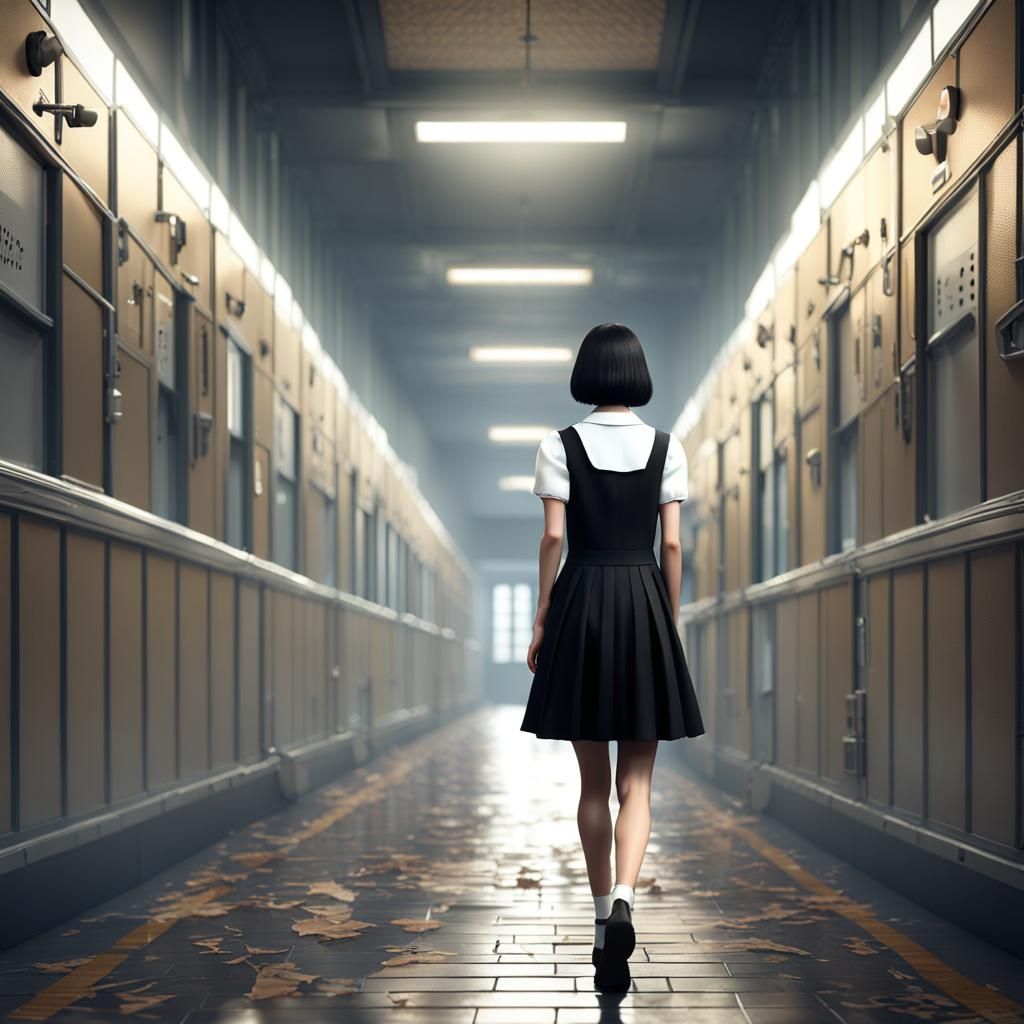 Young Woman in School Corridor: Detailed Matte Painting