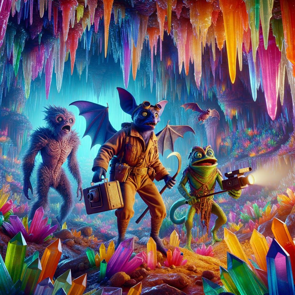 Ethereal Explorers Amidst Glassy Cave Wonders