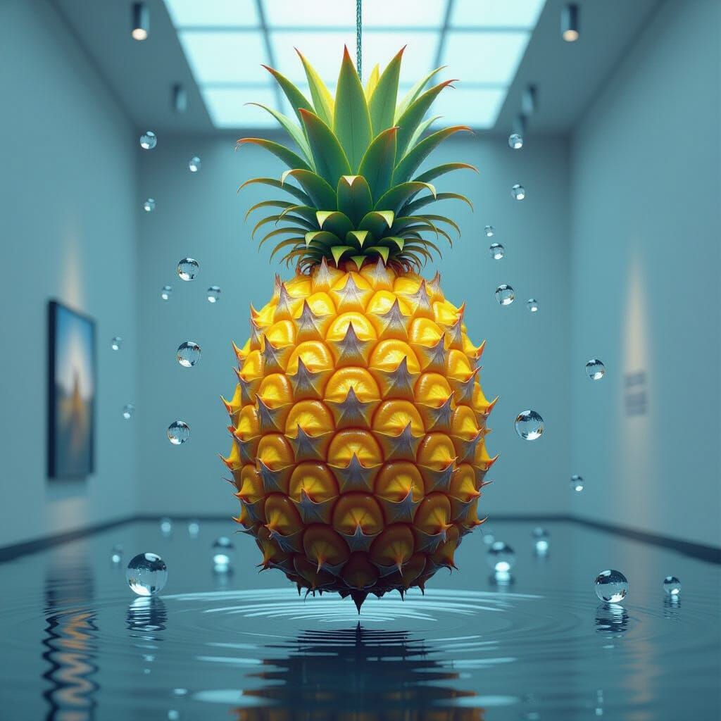 Hyperrealistic Pineapple Sculpture in Modern Gallery