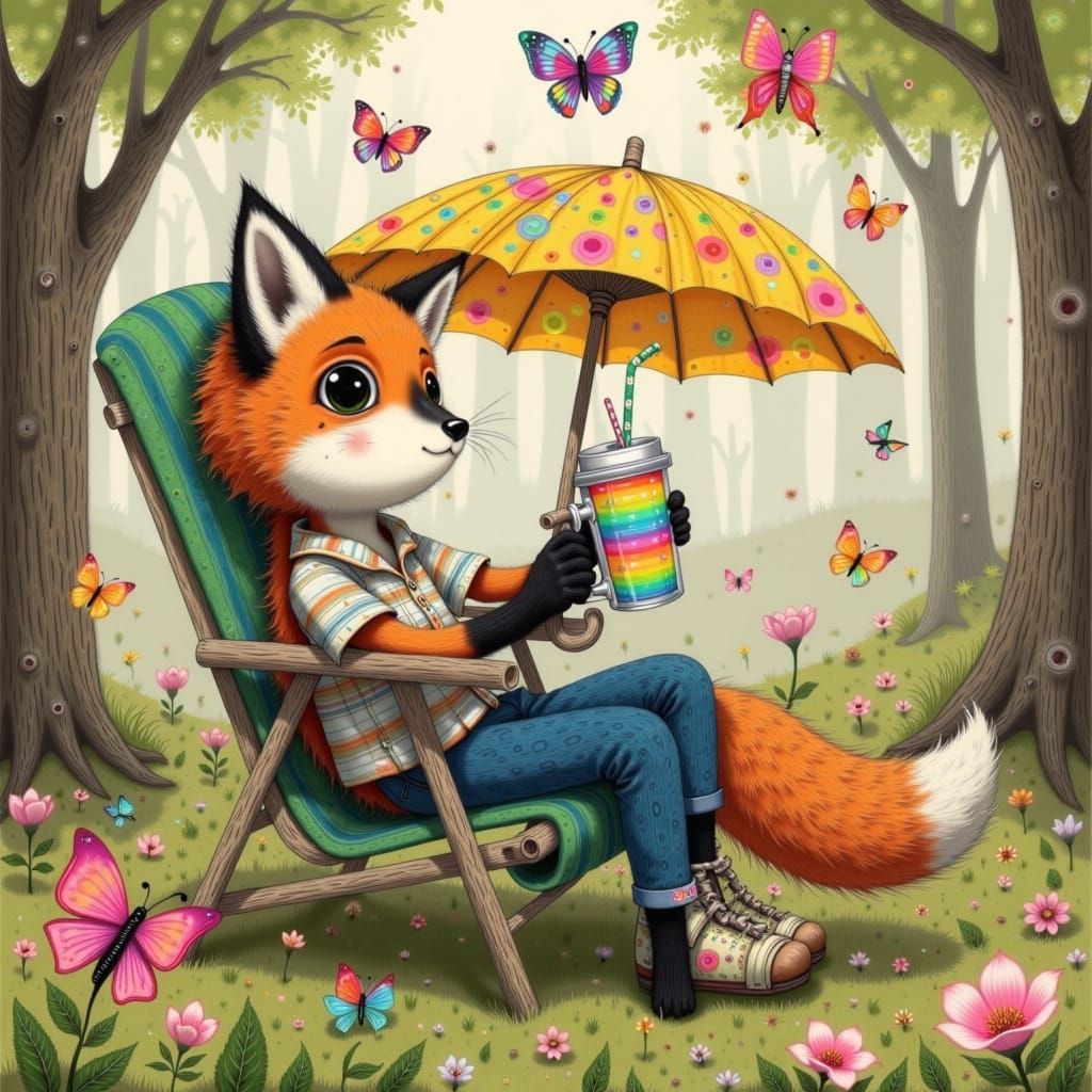 Fox Reclining in Woods, Illustration Art