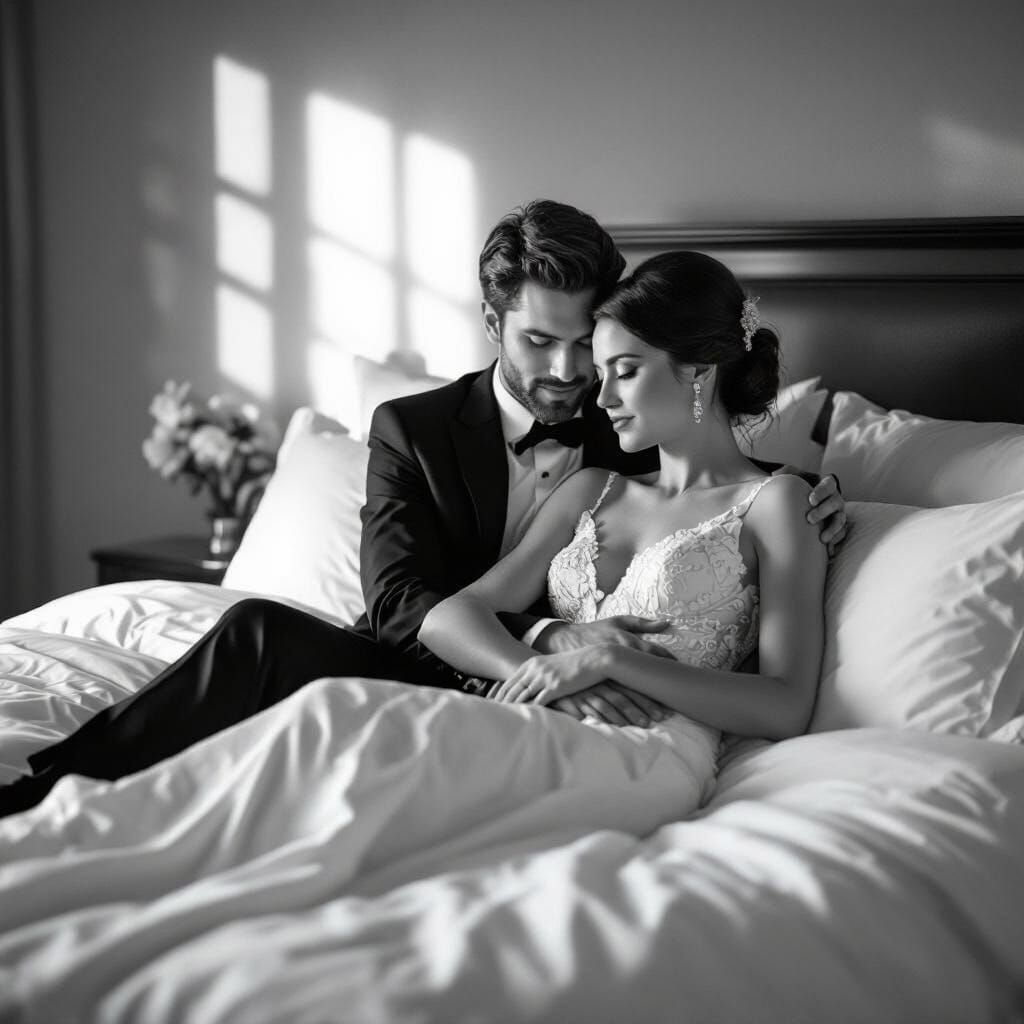 Intimate Black & White Photo of Couple Embracing on Bed