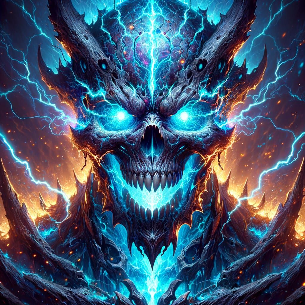 Menacing Kaiju with Electric Blue Eyes in Desolate Scene