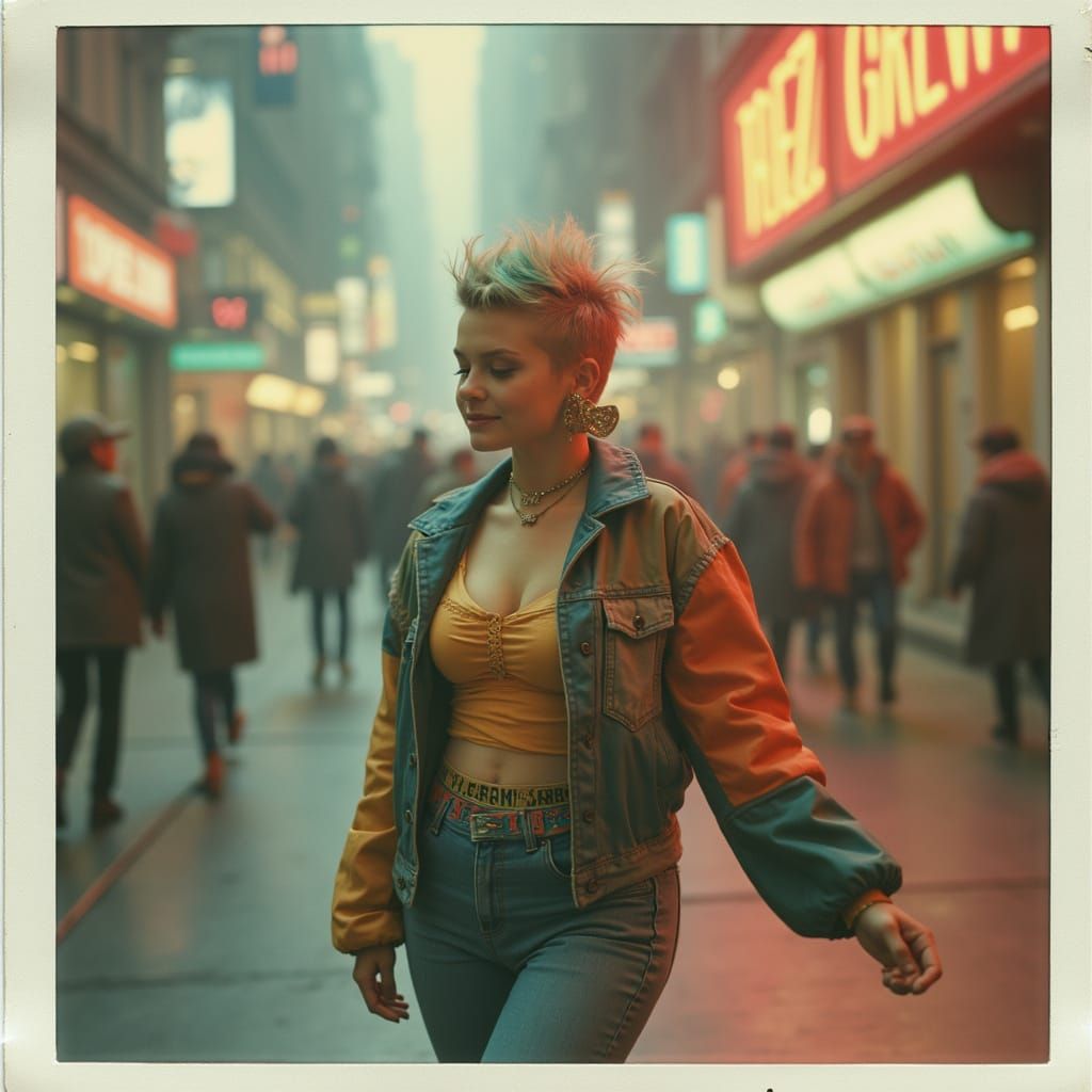 Retro Polaroid: Dancer in Neon-Lit Urban Chaos