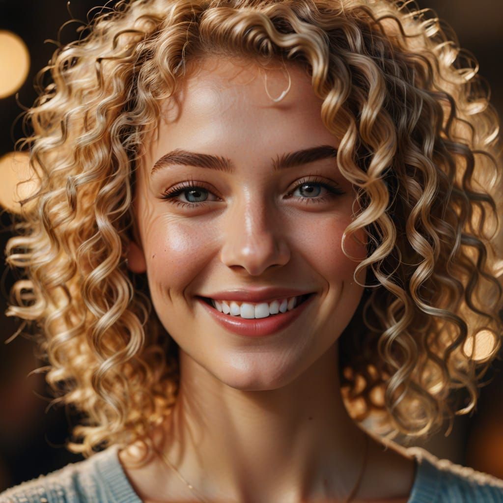 Blonde Woman with Curls and Dimples in Macro Portrait