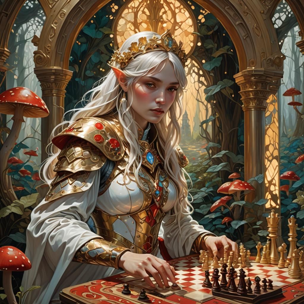 Goddess Plays Chess in Bioluminescent Forest, Art Nouveau
