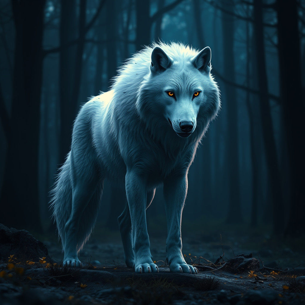 White Wolf in Dim Fey Forest: Fantasy Art