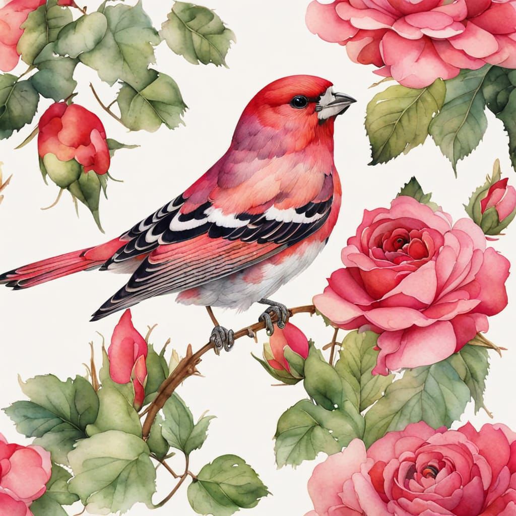 Rose Finch Watercolor by Birdhouse