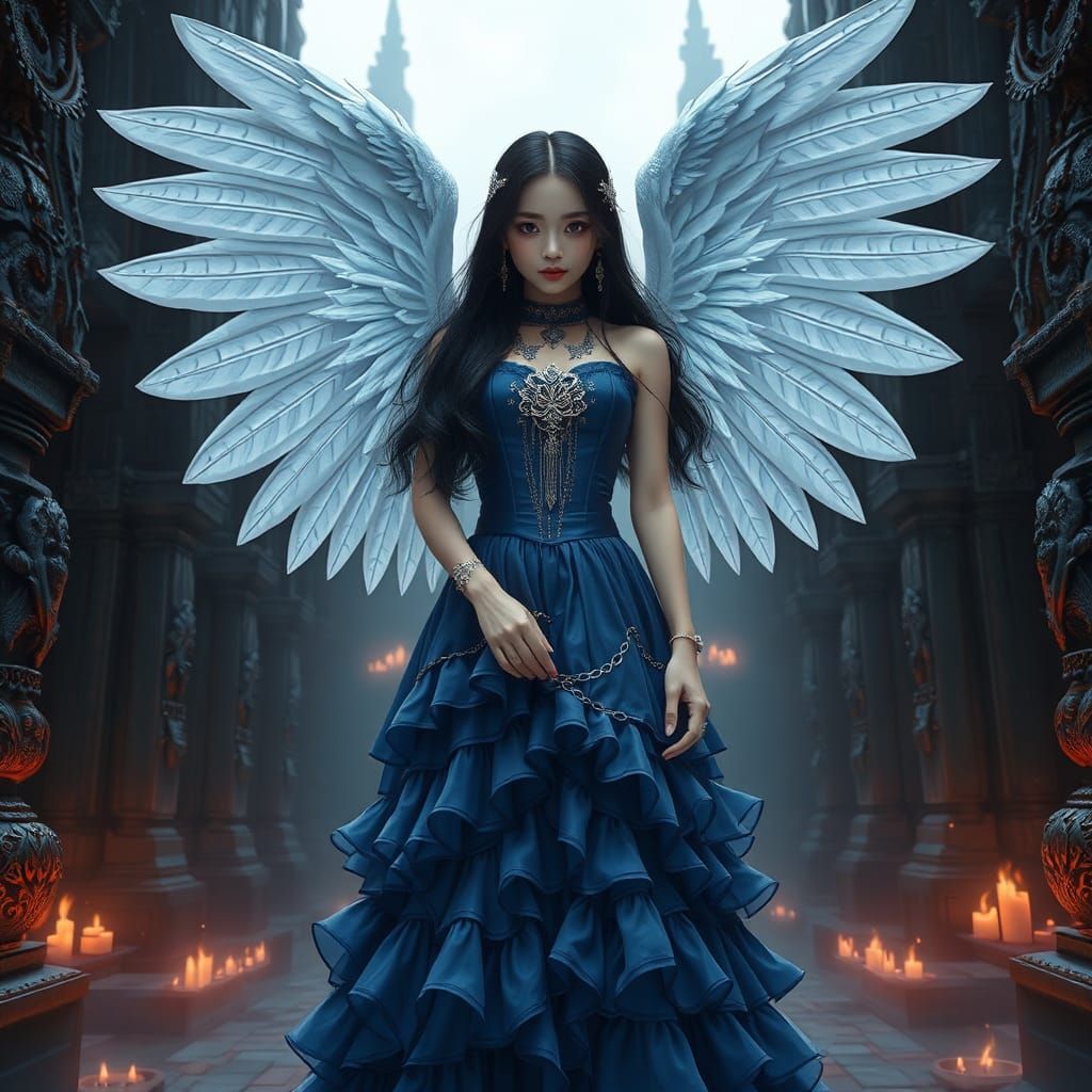 Ethereal Gothic Portrait of Asian Girl with Angel Wings