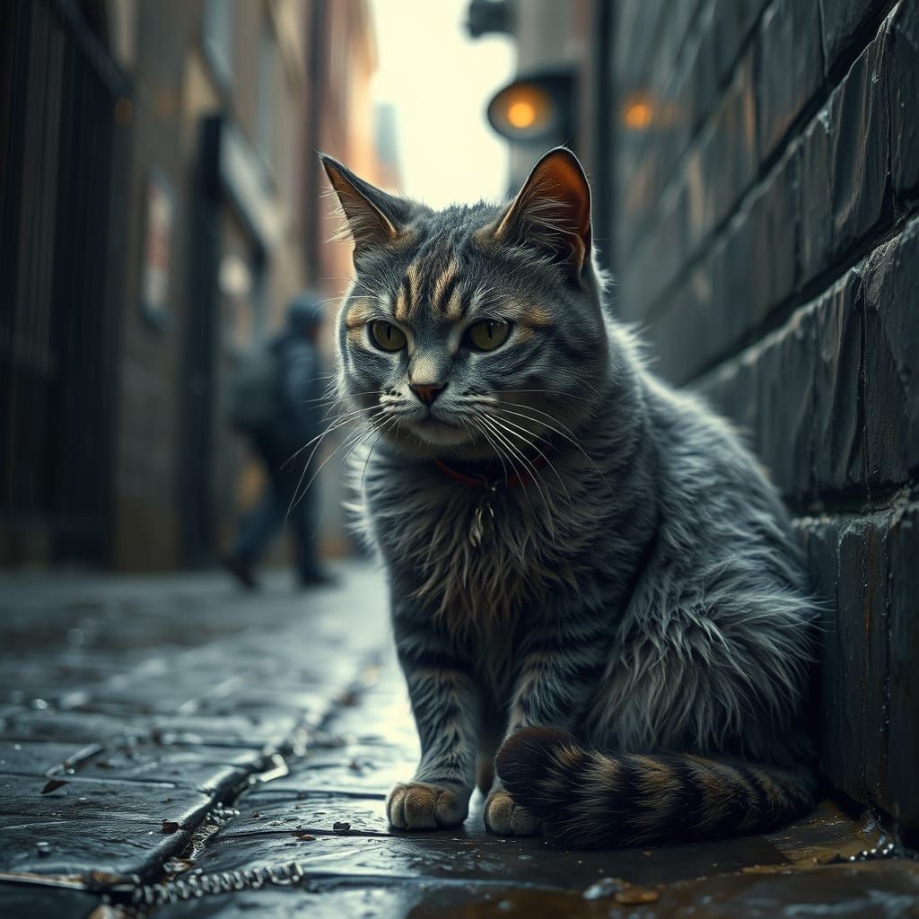 Miserable Grey Cat in Rainy London Alley