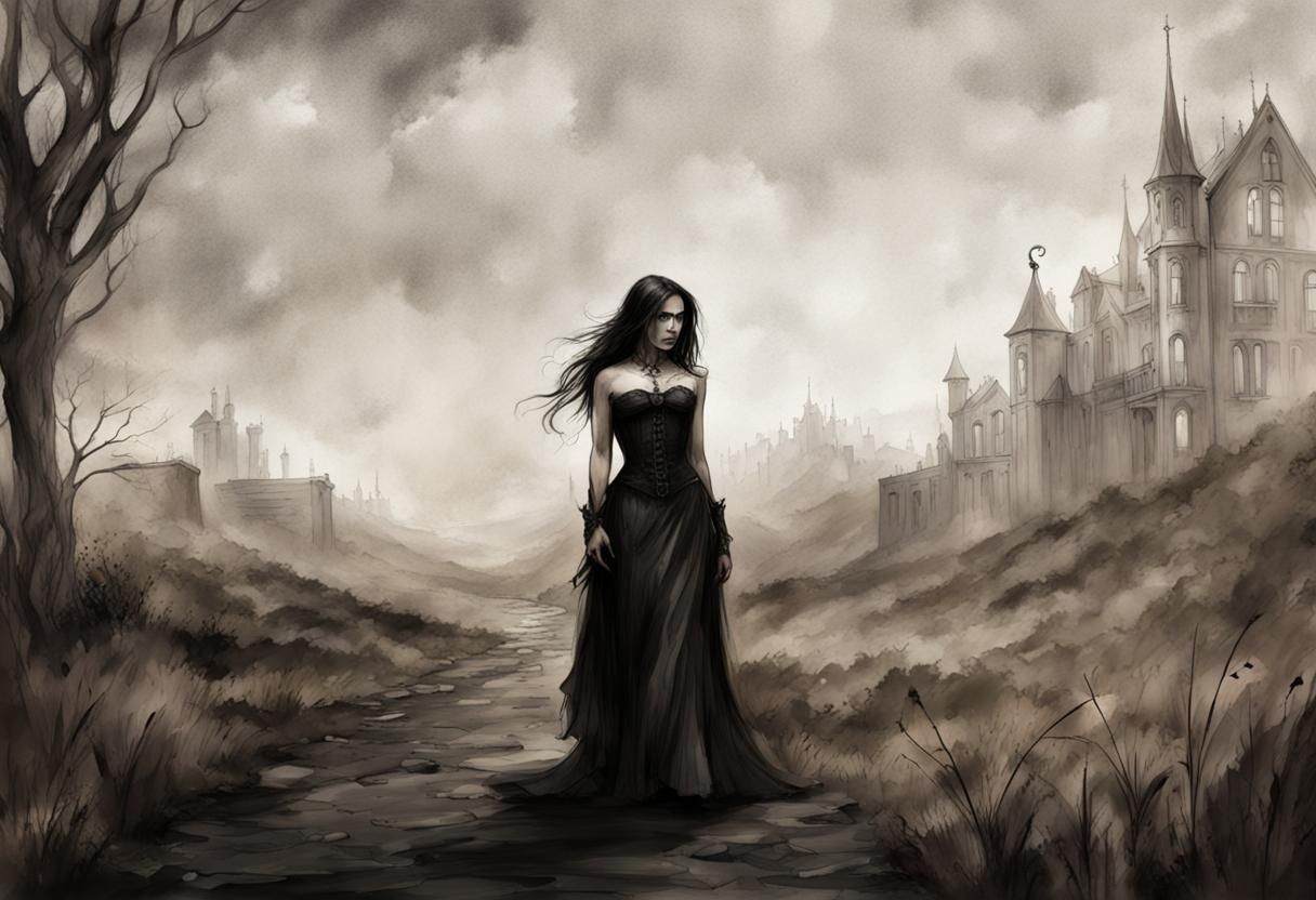 Gothic Woman in Black Dress Ink Sketch