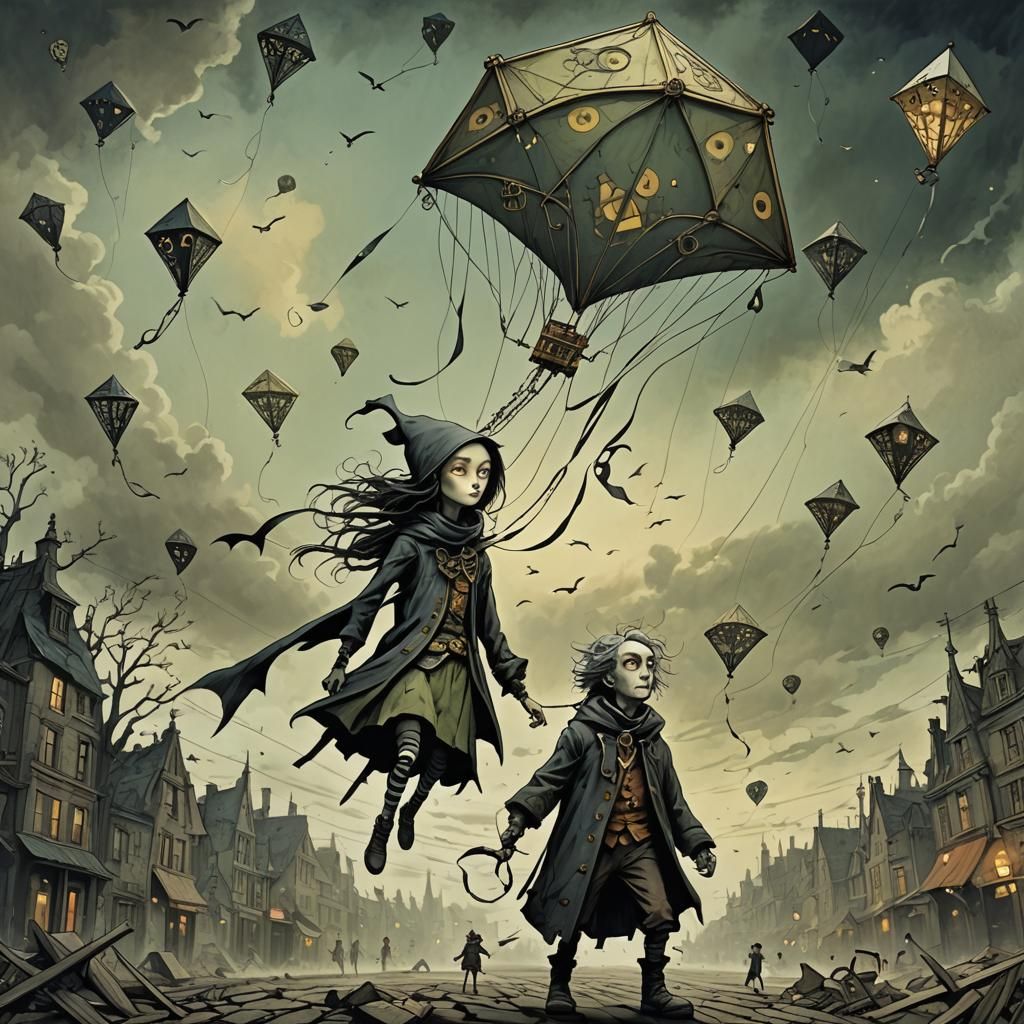 Dystopian Kite Scene in Surrealist Style
