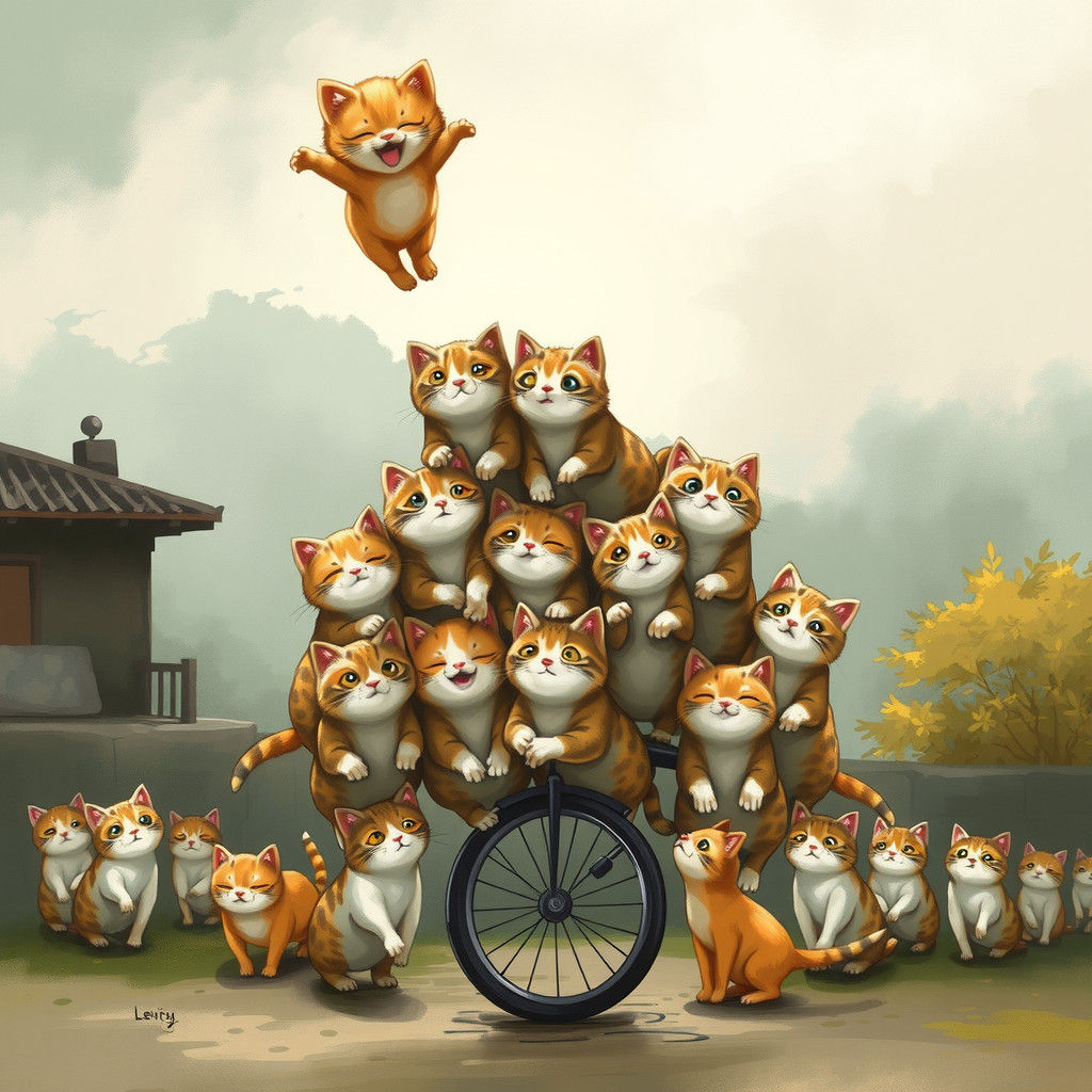 Acrobatic Cats and Kittens in Storybook Illustration