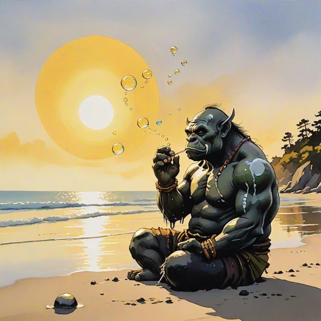 Orc Blowing Bubbles at Beach in Sumi-e Style