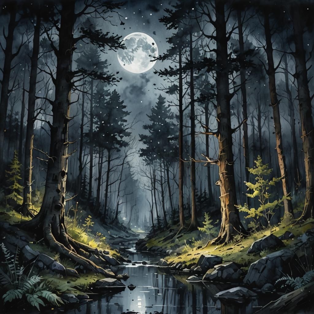 Moody Forest Landscape in Dark Watercolor Style