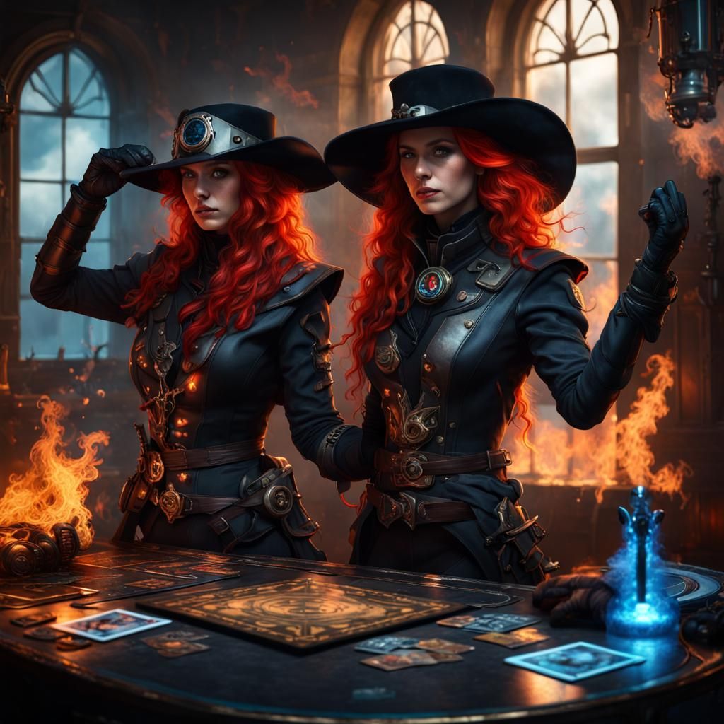 Fiery Twins in Steampunk Cockpit With Magic