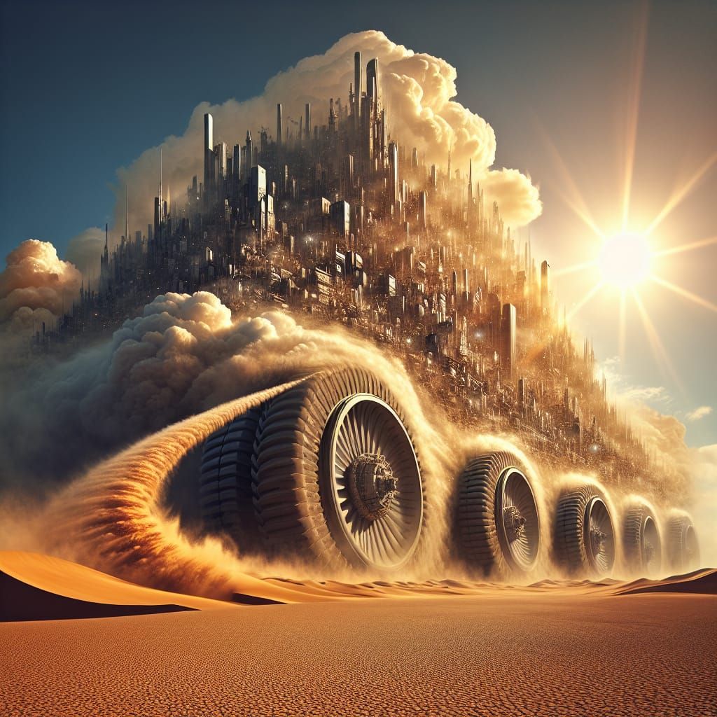 Mobile City Racing Across Desert Landscape