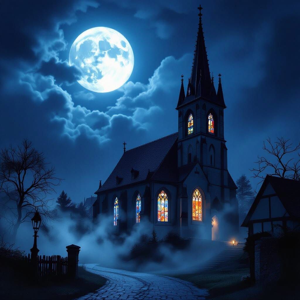 Gothic German Church Under Full Moon