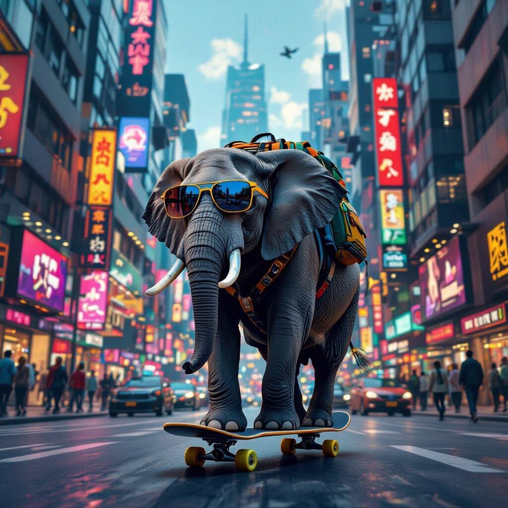 Elephant Rides Skateboard in City, Hyperrealistic Style