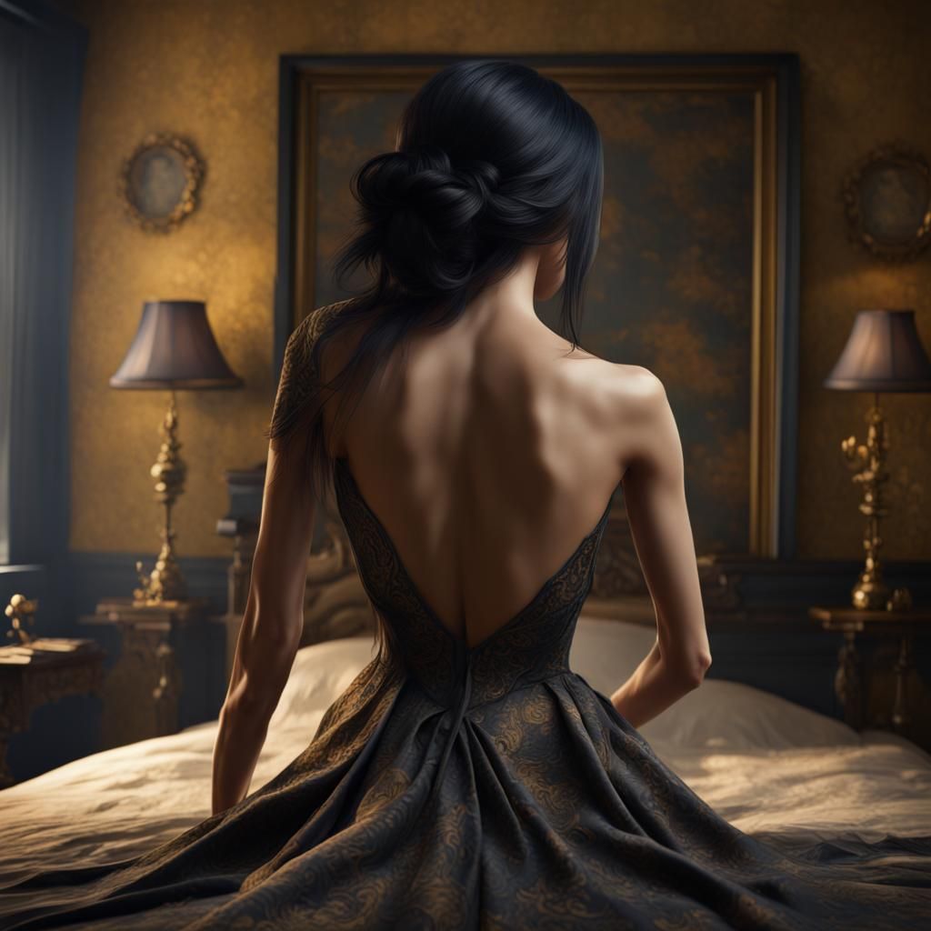 Antique Oil Painting: Model Undressing in Bedroom