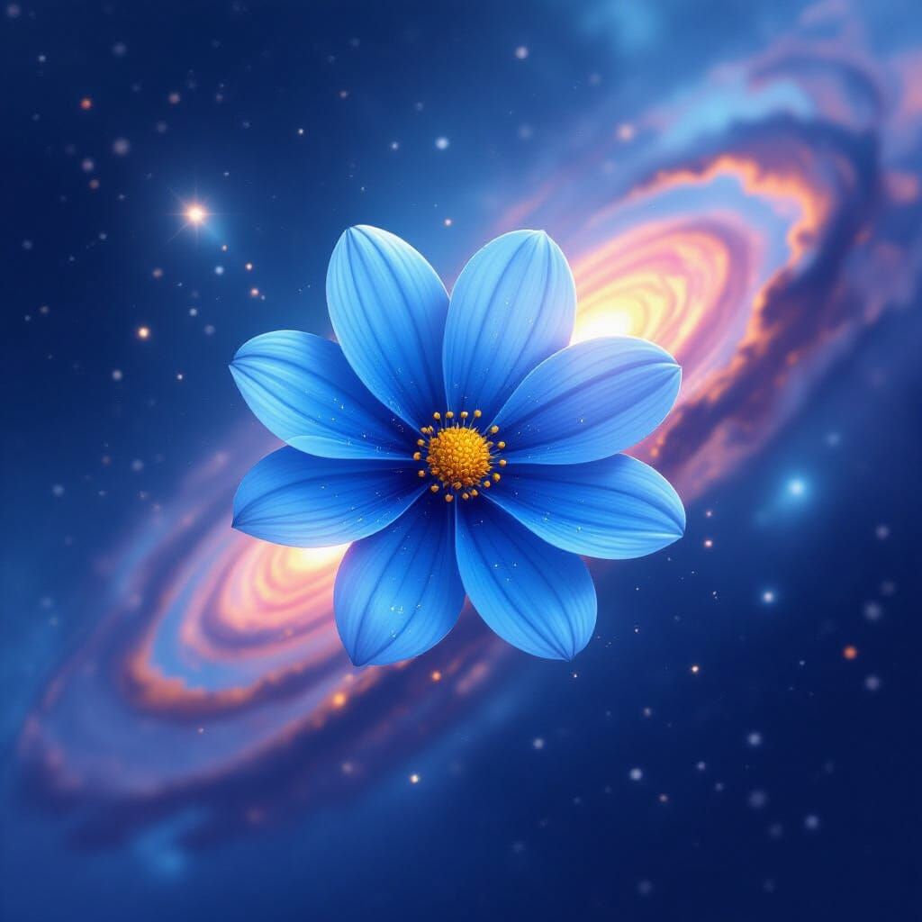 Blue Flower Shimmers in Galaxy, Dreamy Digital Art