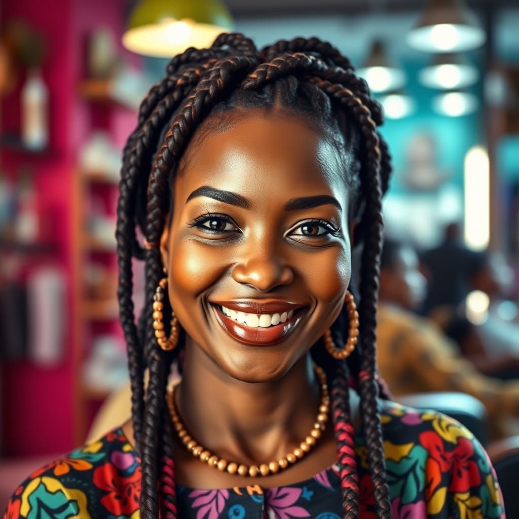 Smiling Black Woman in Vibrant Hair Salon Setting