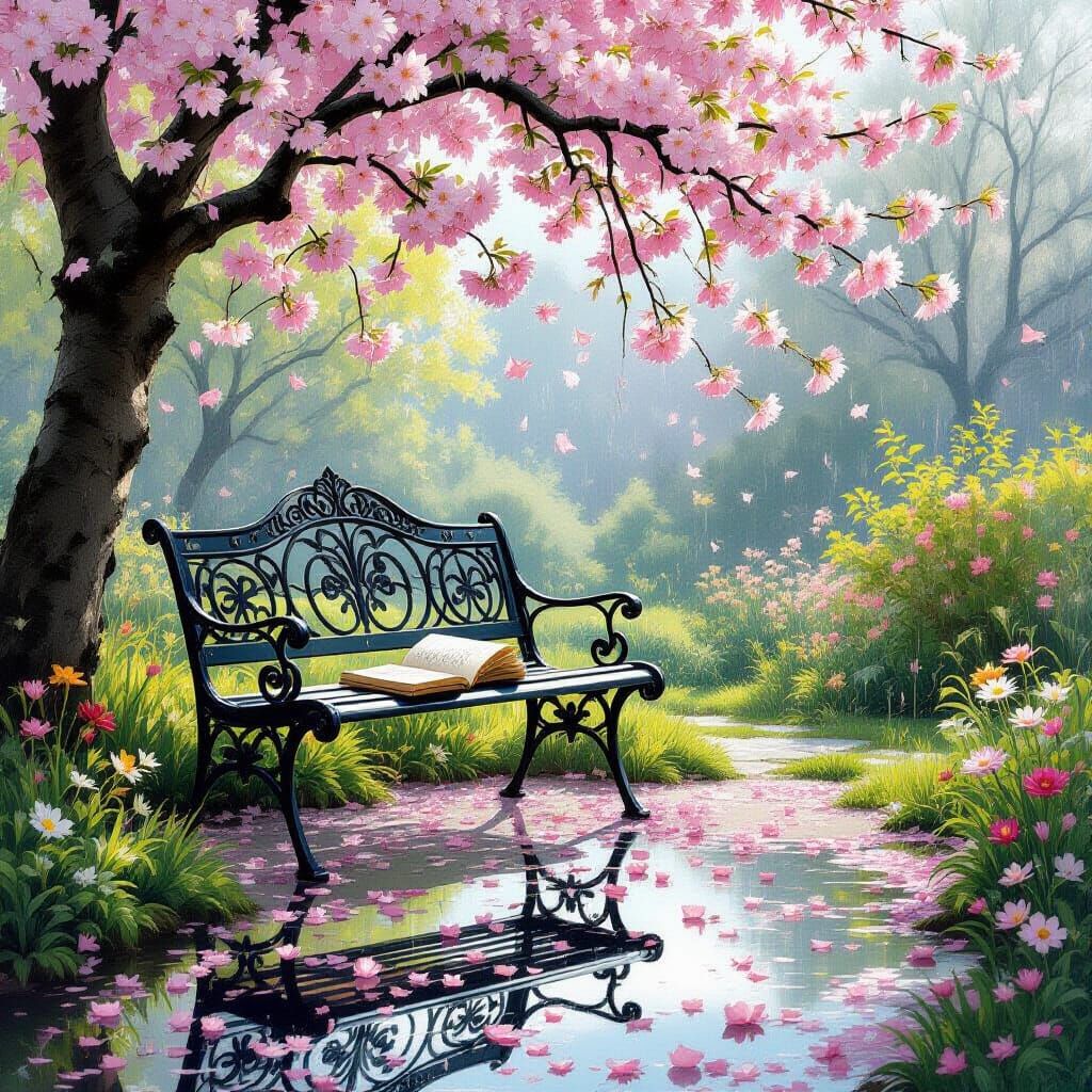 Iron Bench Under Blossoms in Dreamlike Garden