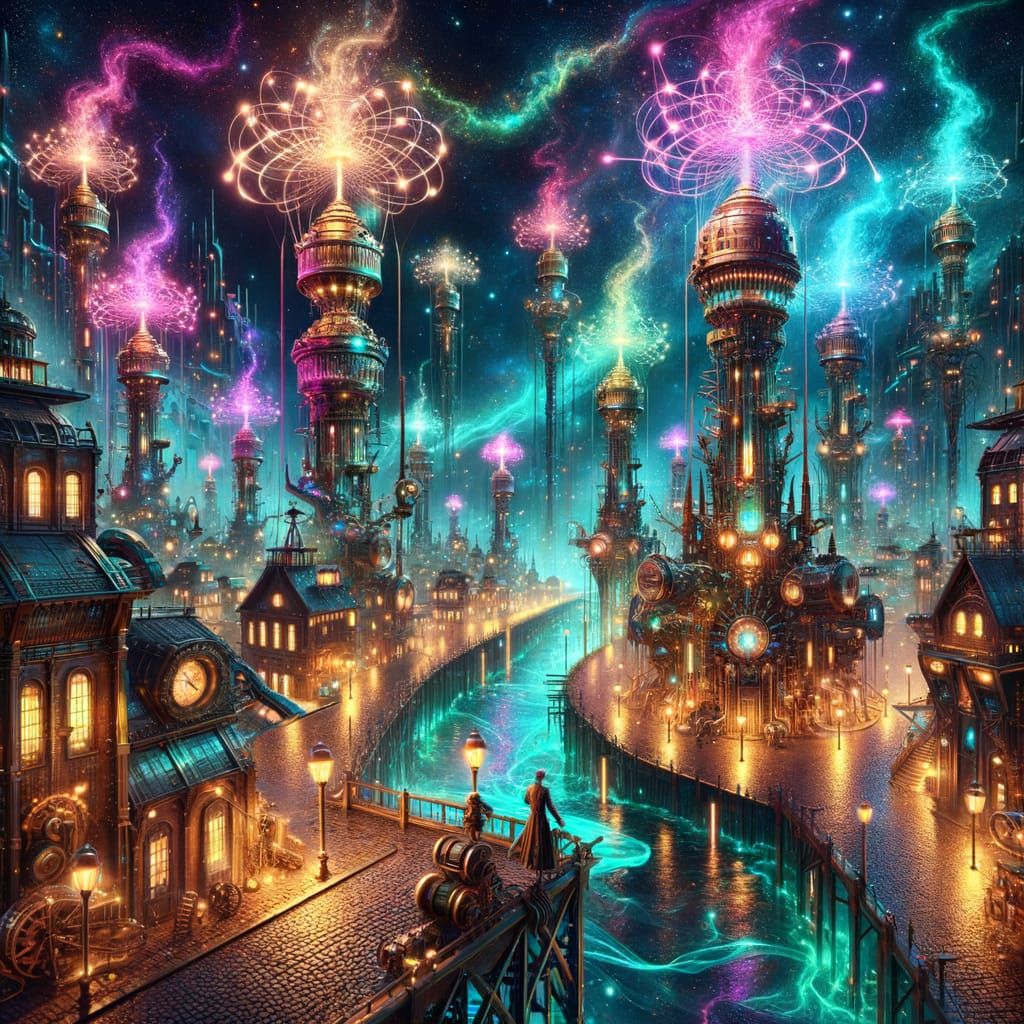 Steampunk Village at Midnight with Tesla Coils