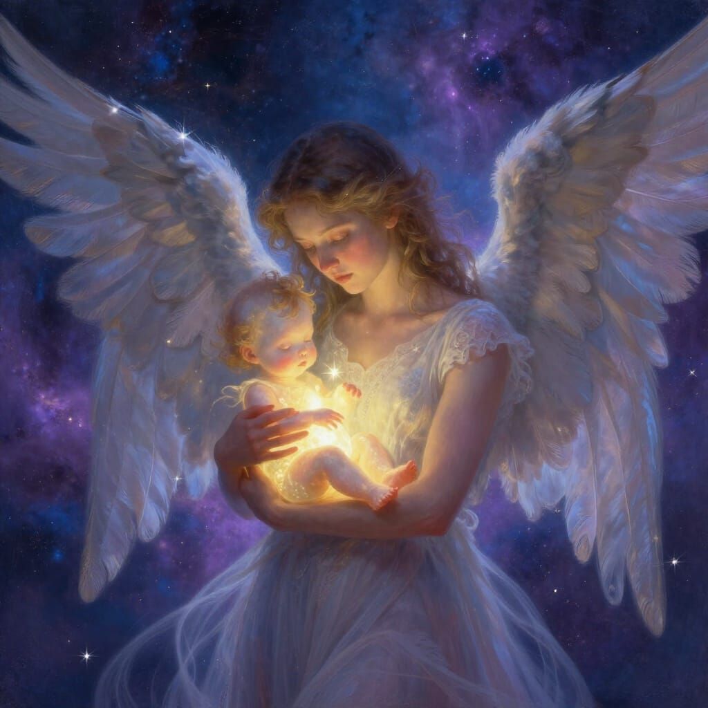 Ethereal Angel Cradles Luminous Baby in Cosmic Nebula