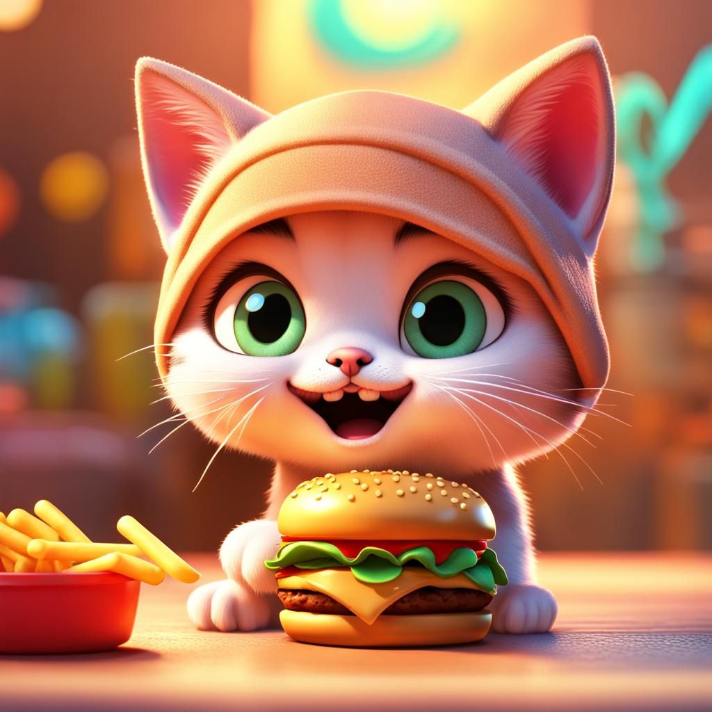Chibi Kitten's Cheeseburger Feast: 3D Digital Art