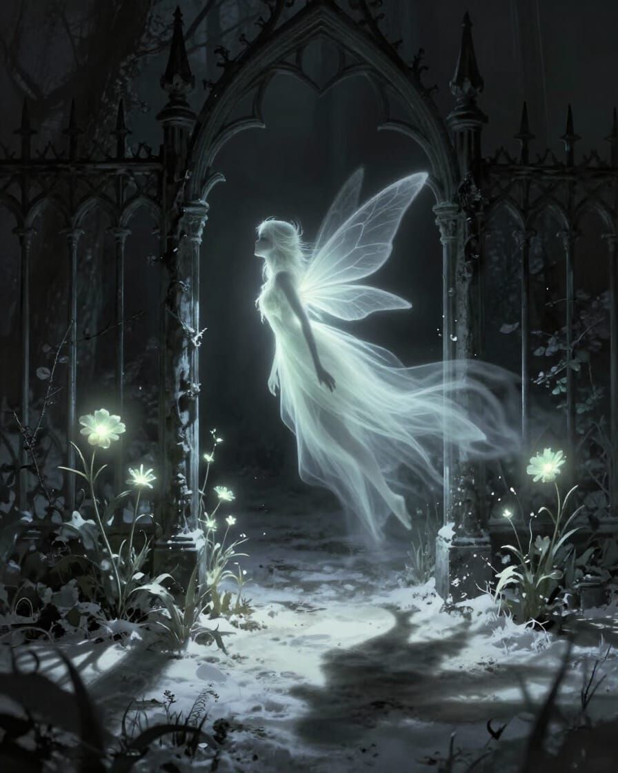 Ghostly Fairy in Spectral Garden with Gothic Fence