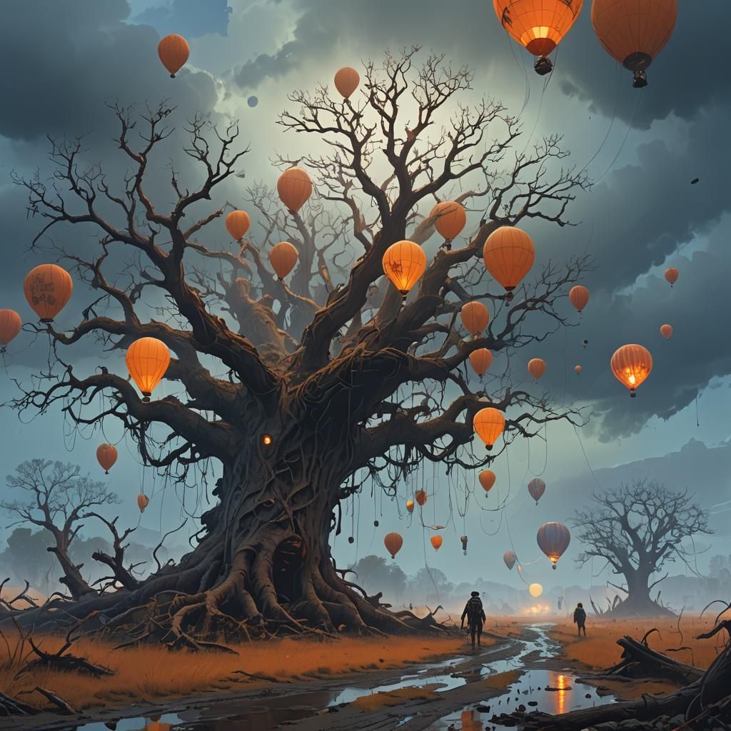 Stormy Palude Landscape with Air Balloons