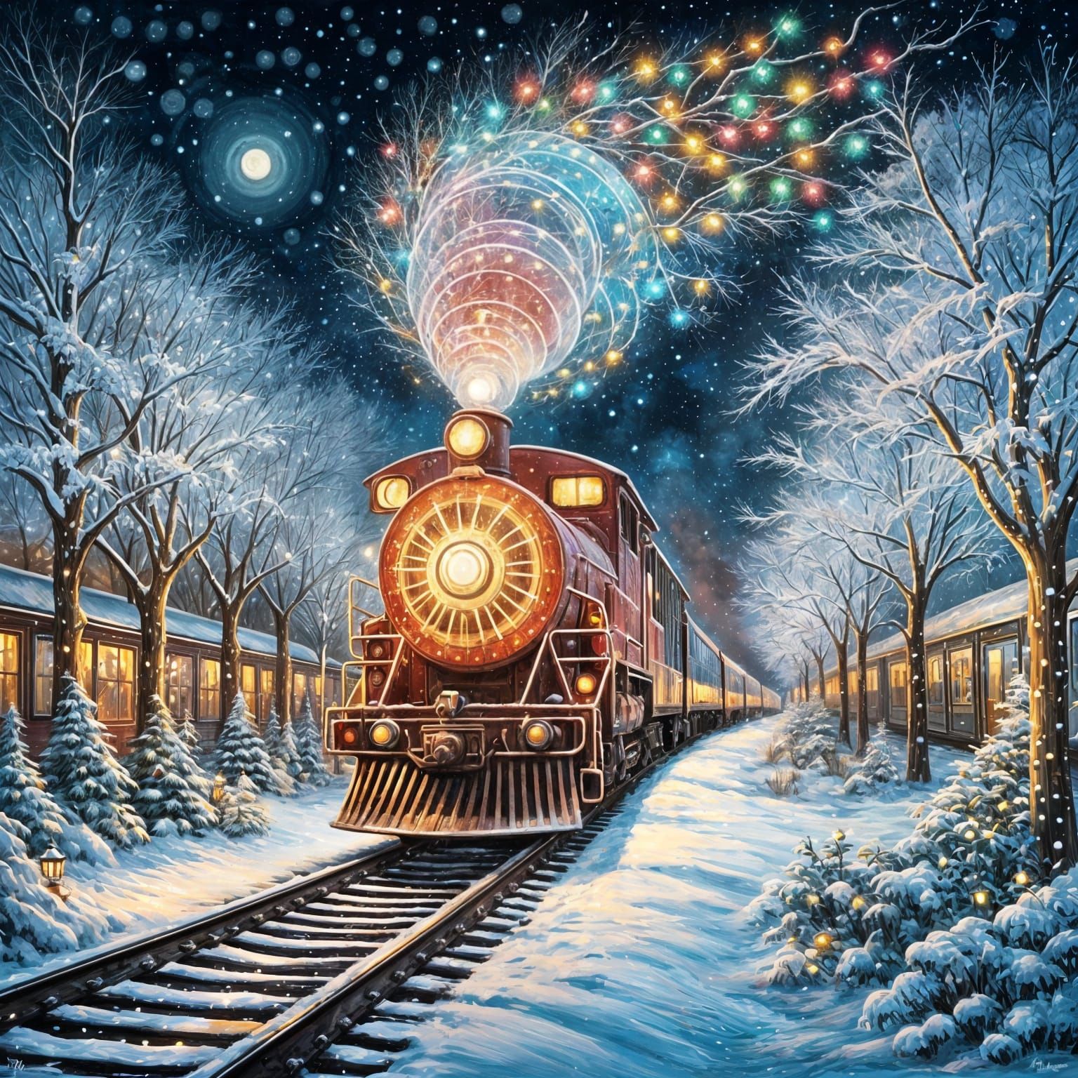 Surreal Winter Wonderland Railway Unfolds Under Starry Skies