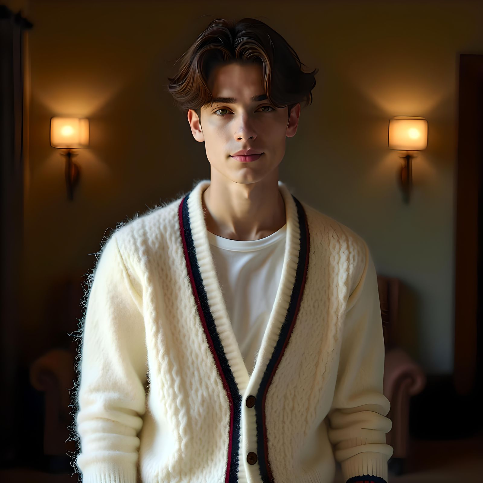 College Boy in Angora Cardigan: Hyperrealistic Fashion