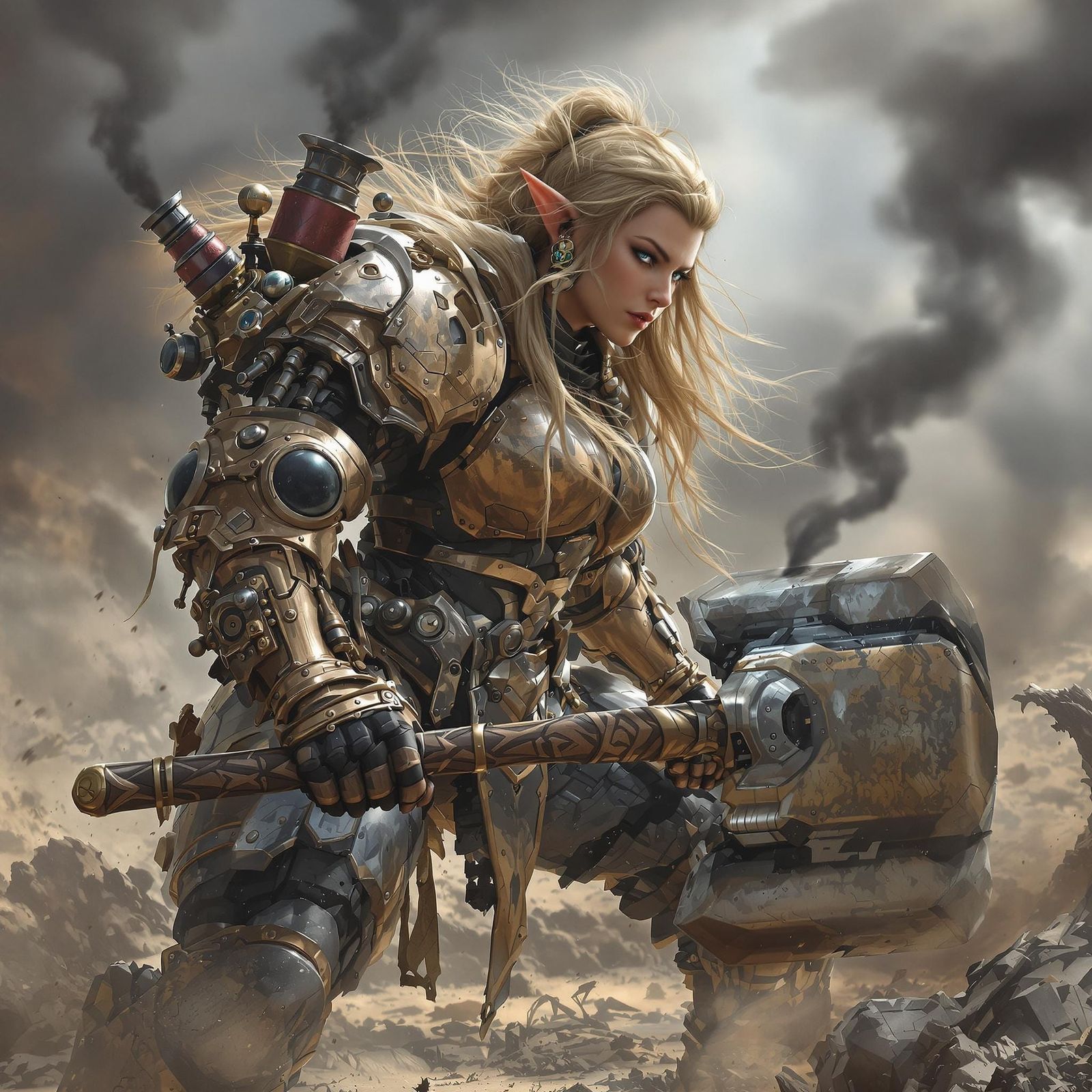 A Dieselpunk Elf Knight Wields a Massive Sledgehammer Amidst...